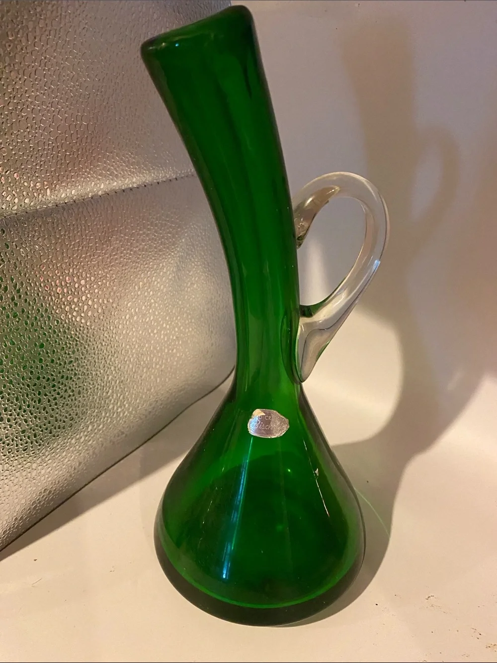 Vintage Elegant Emerald Green Glass Bud Vase with Clear Handle Bischoff